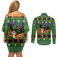 Cat Cute Witcher Noel Christmas Couples Matching Off Shoulder Short Dress and Long Sleeve Button Shirt Xmas Holiday Patterns - Wonder Print Shop