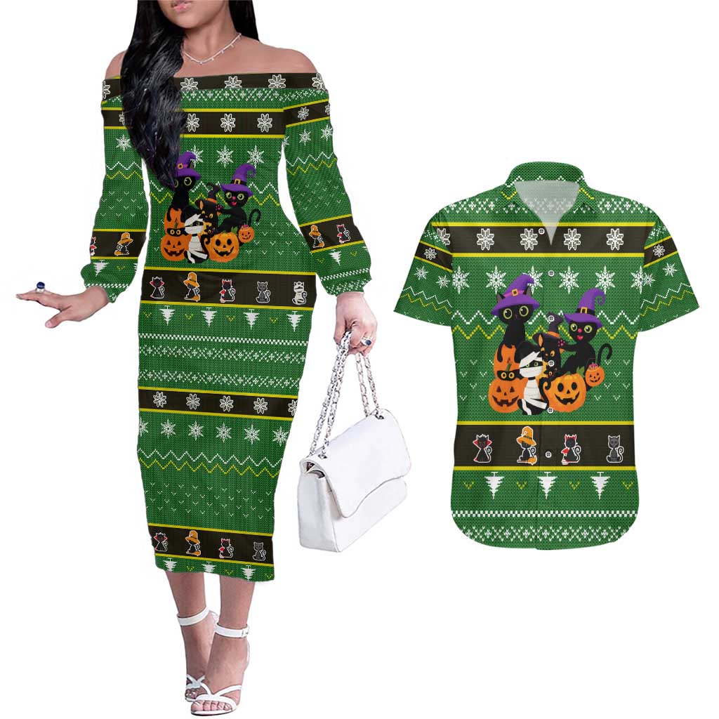 Cat Cute Witcher Noel Christmas Couples Matching Off The Shoulder Long Sleeve Dress and Hawaiian Shirt Xmas Holiday Patterns - Wonder Print Shop