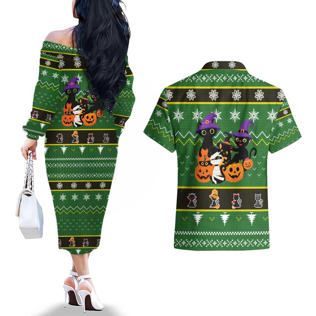 Cat Cute Witcher Noel Christmas Couples Matching Off The Shoulder Long Sleeve Dress and Hawaiian Shirt Xmas Holiday Patterns - Wonder Print Shop