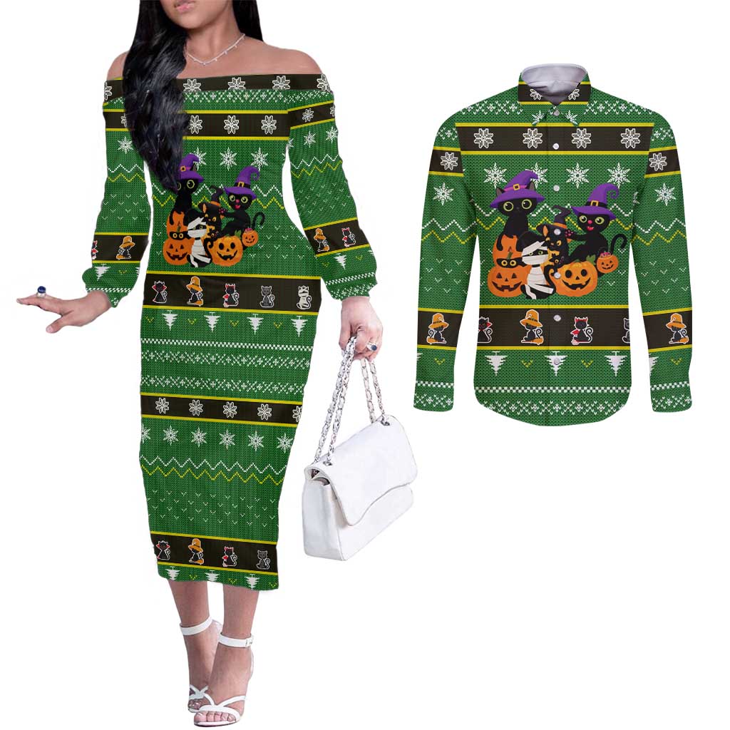 Cat Cute Witcher Noel Christmas Couples Matching Off The Shoulder Long Sleeve Dress and Long Sleeve Button Shirt Xmas Holiday Patterns - Wonder Print Shop