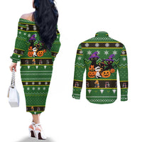 Cat Cute Witcher Noel Christmas Couples Matching Off The Shoulder Long Sleeve Dress and Long Sleeve Button Shirt Xmas Holiday Patterns - Wonder Print Shop