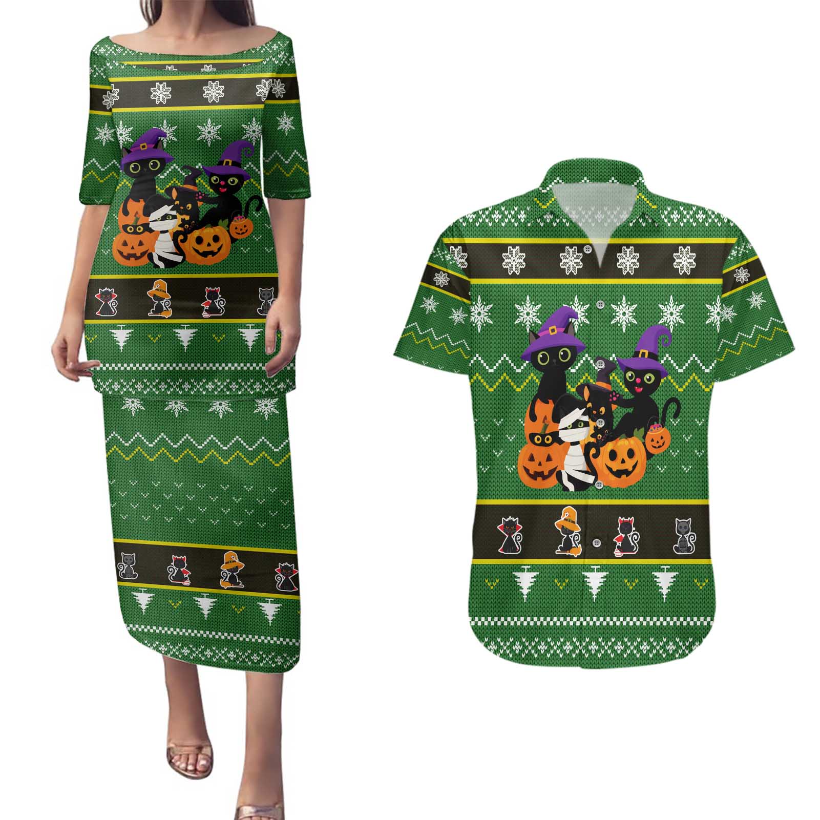 Cat Cute Witcher Noel Christmas Couples Matching Puletasi and Hawaiian Shirt Xmas Holiday Patterns - Wonder Print Shop