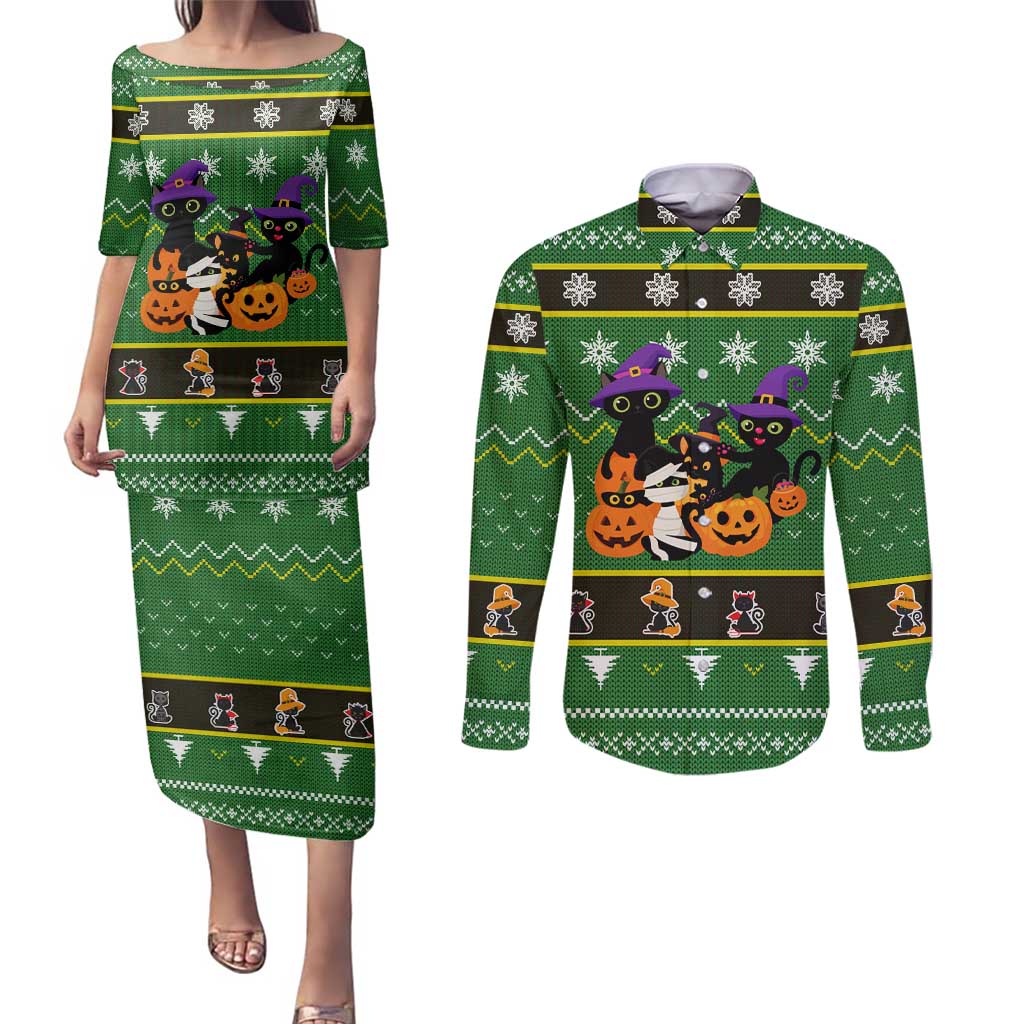 Cat Cute Witcher Noel Christmas Couples Matching Puletasi and Long Sleeve Button Shirt Xmas Holiday Patterns - Wonder Print Shop