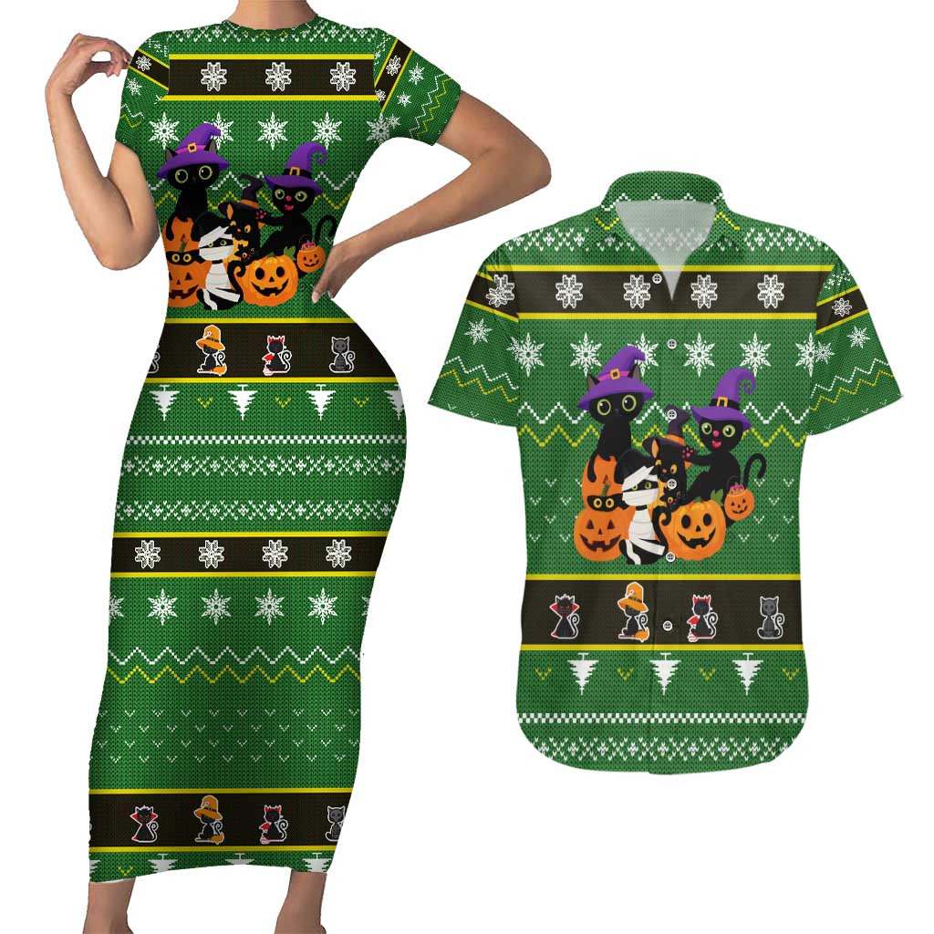 Cat Cute Witcher Noel Christmas Couples Matching Short Sleeve Bodycon Dress and Hawaiian Shirt Xmas Holiday Patterns - Wonder Print Shop