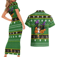 Cat Cute Witcher Noel Christmas Couples Matching Short Sleeve Bodycon Dress and Hawaiian Shirt Xmas Holiday Patterns - Wonder Print Shop