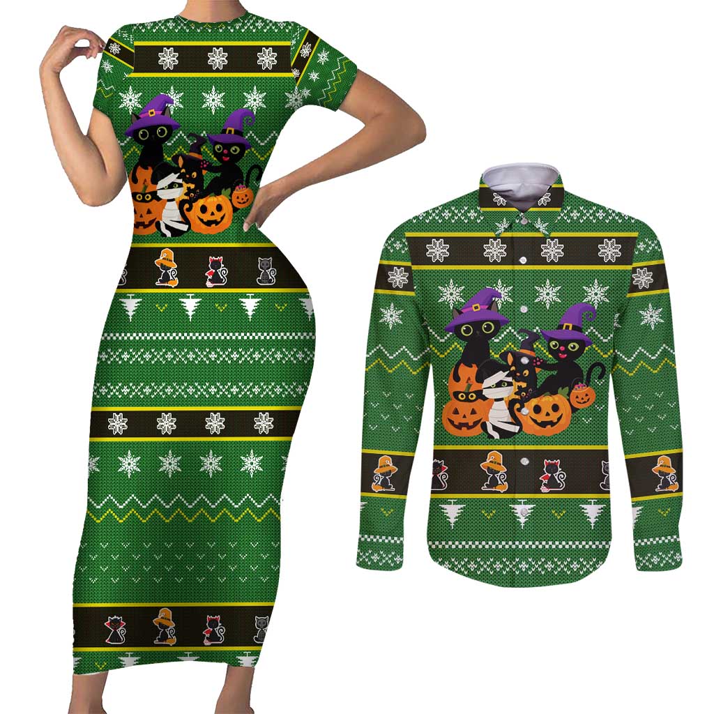 Cat Cute Witcher Noel Christmas Couples Matching Short Sleeve Bodycon Dress and Long Sleeve Button Shirt Xmas Holiday Patterns - Wonder Print Shop