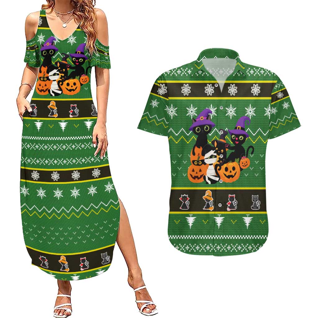 Cat Cute Witcher Noel Christmas Couples Matching Summer Maxi Dress and Hawaiian Shirt Xmas Holiday Patterns - Wonder Print Shop