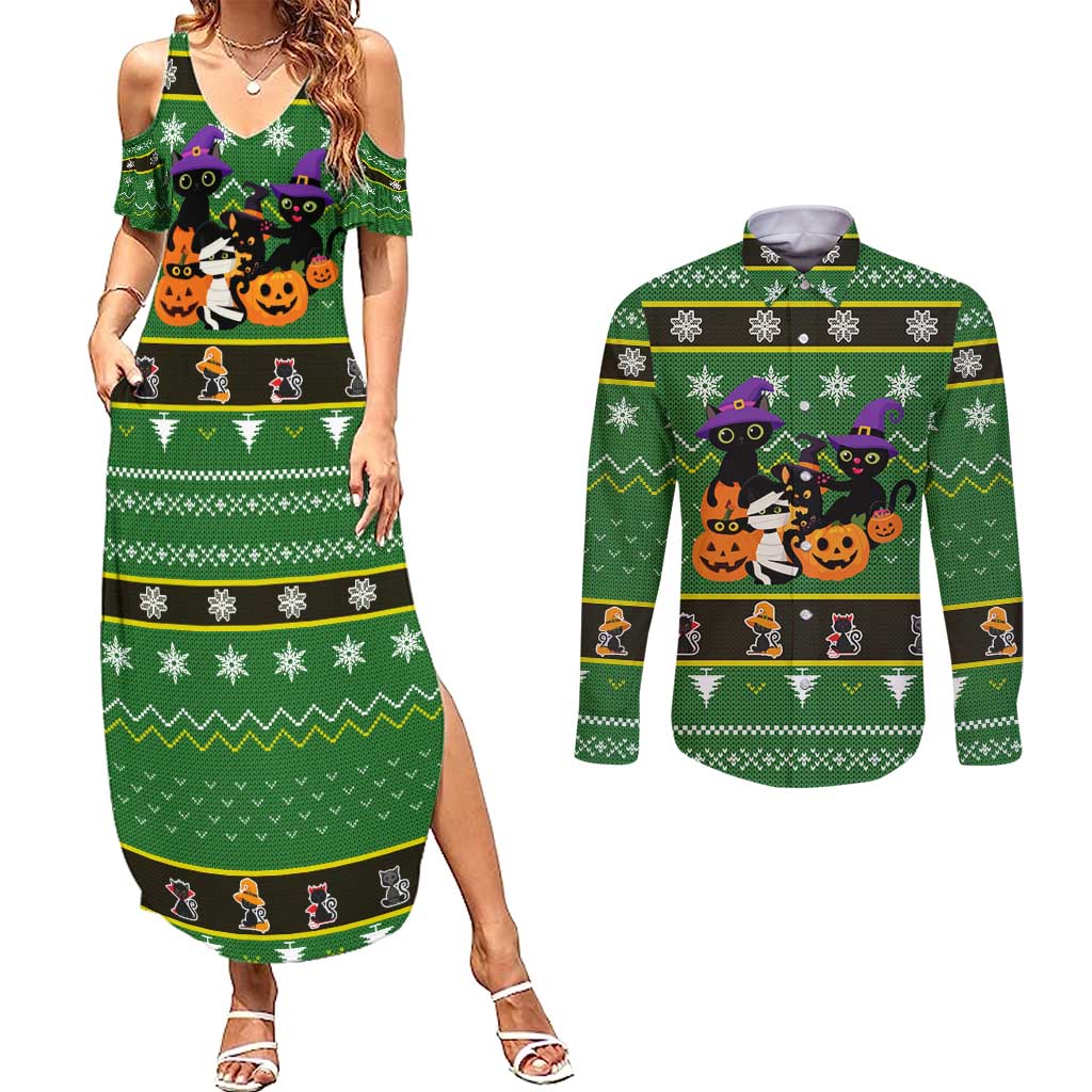 Cat Cute Witcher Noel Christmas Couples Matching Summer Maxi Dress and Long Sleeve Button Shirt Xmas Holiday Patterns - Wonder Print Shop