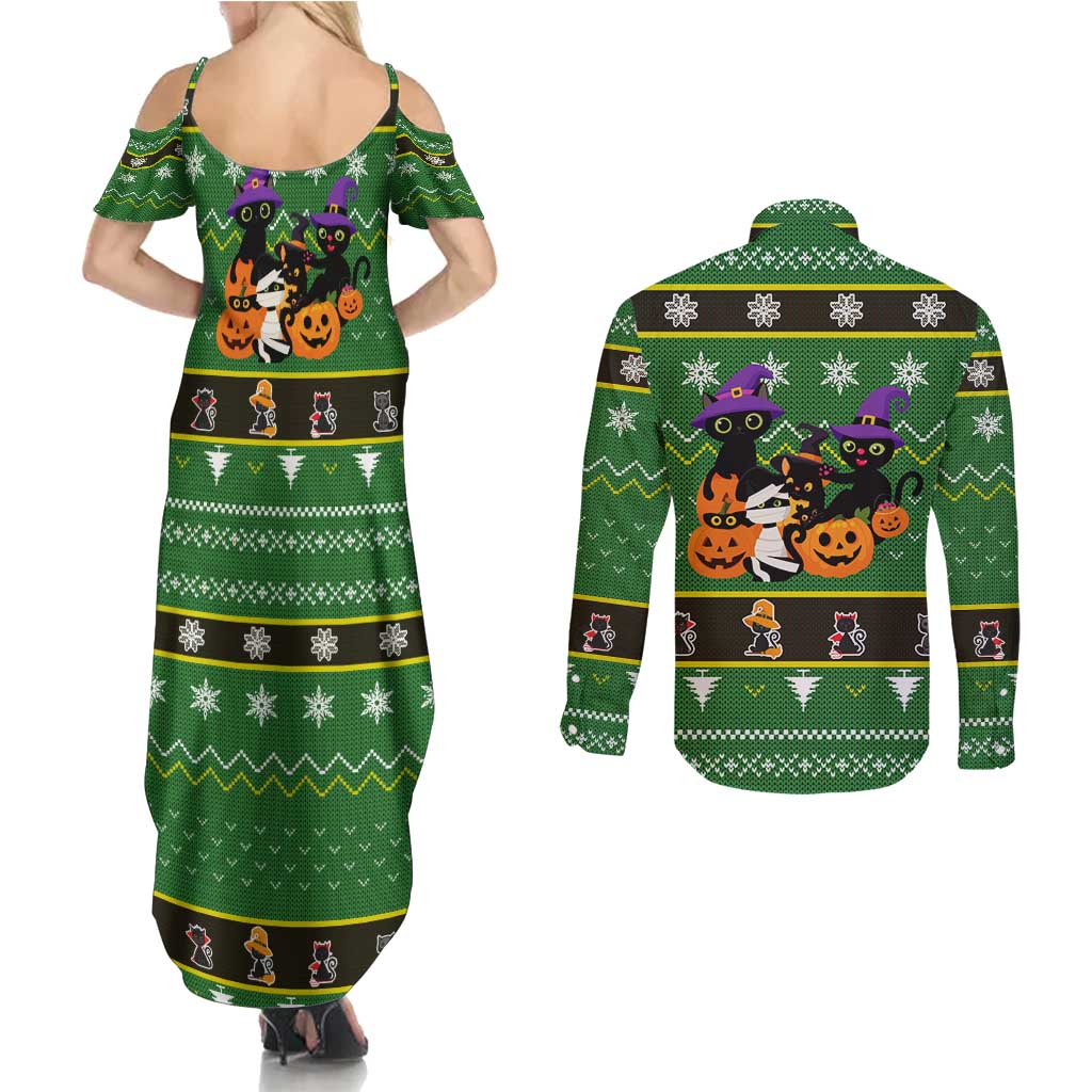 Cat Cute Witcher Noel Christmas Couples Matching Summer Maxi Dress and Long Sleeve Button Shirt Xmas Holiday Patterns - Wonder Print Shop