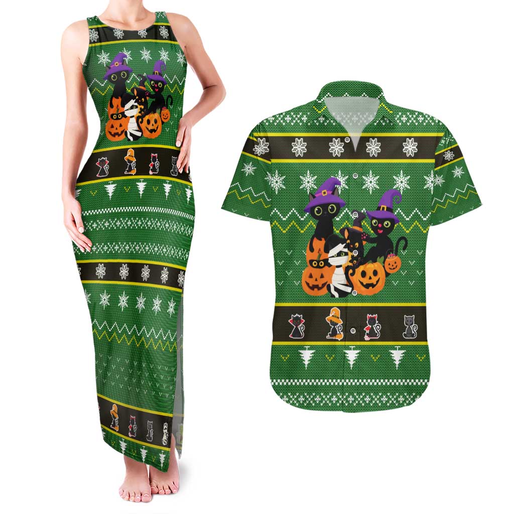 Cat Cute Witcher Noel Christmas Couples Matching Tank Maxi Dress and Hawaiian Shirt Xmas Holiday Patterns - Wonder Print Shop