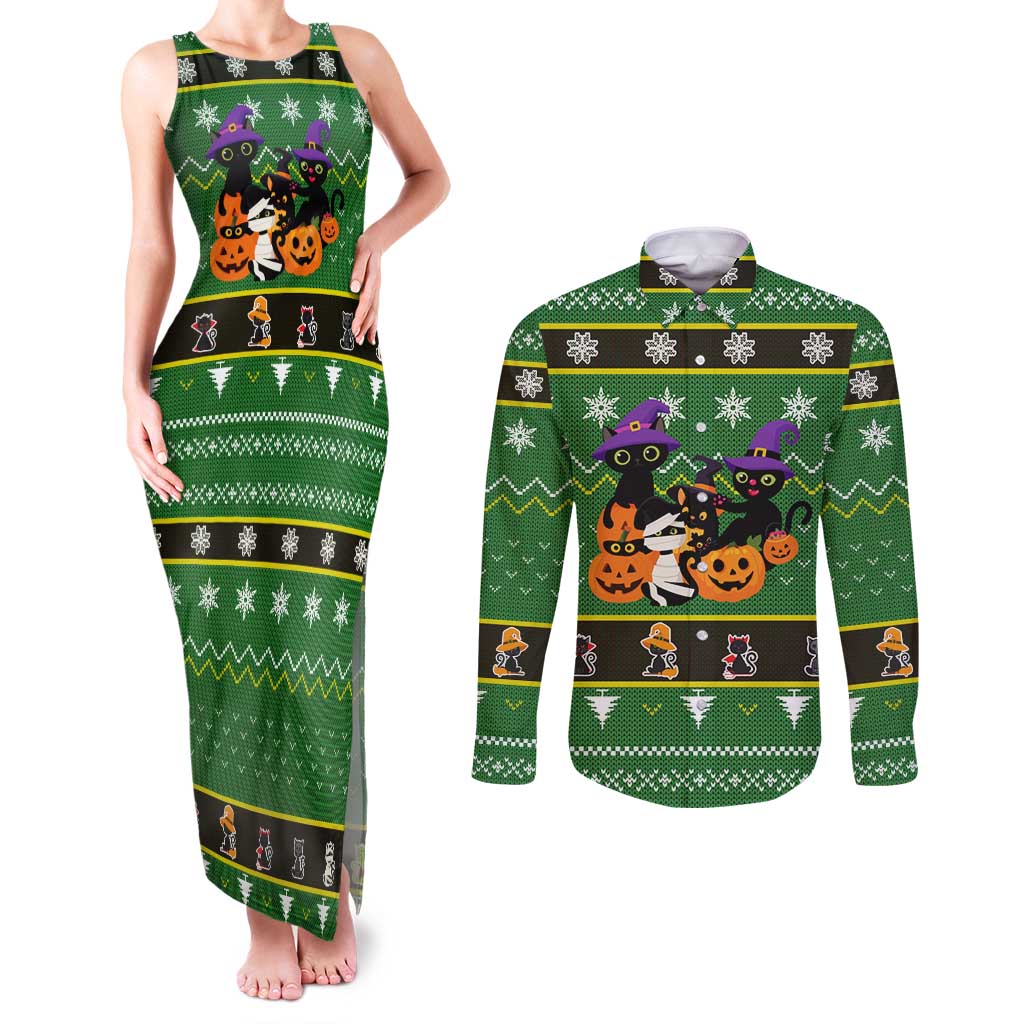 Cat Cute Witcher Noel Christmas Couples Matching Tank Maxi Dress and Long Sleeve Button Shirt Xmas Holiday Patterns - Wonder Print Shop