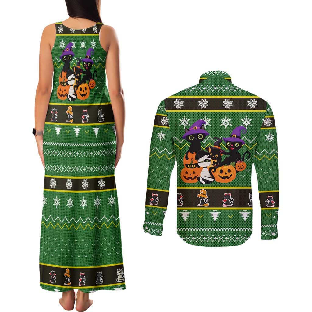 Cat Cute Witcher Noel Christmas Couples Matching Tank Maxi Dress and Long Sleeve Button Shirt Xmas Holiday Patterns - Wonder Print Shop