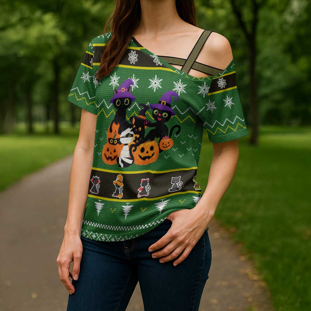Cat Cute Witcher Noel Christmas Cross Shoulder Shirt Xmas Holiday Patterns - Wonder Print Shop