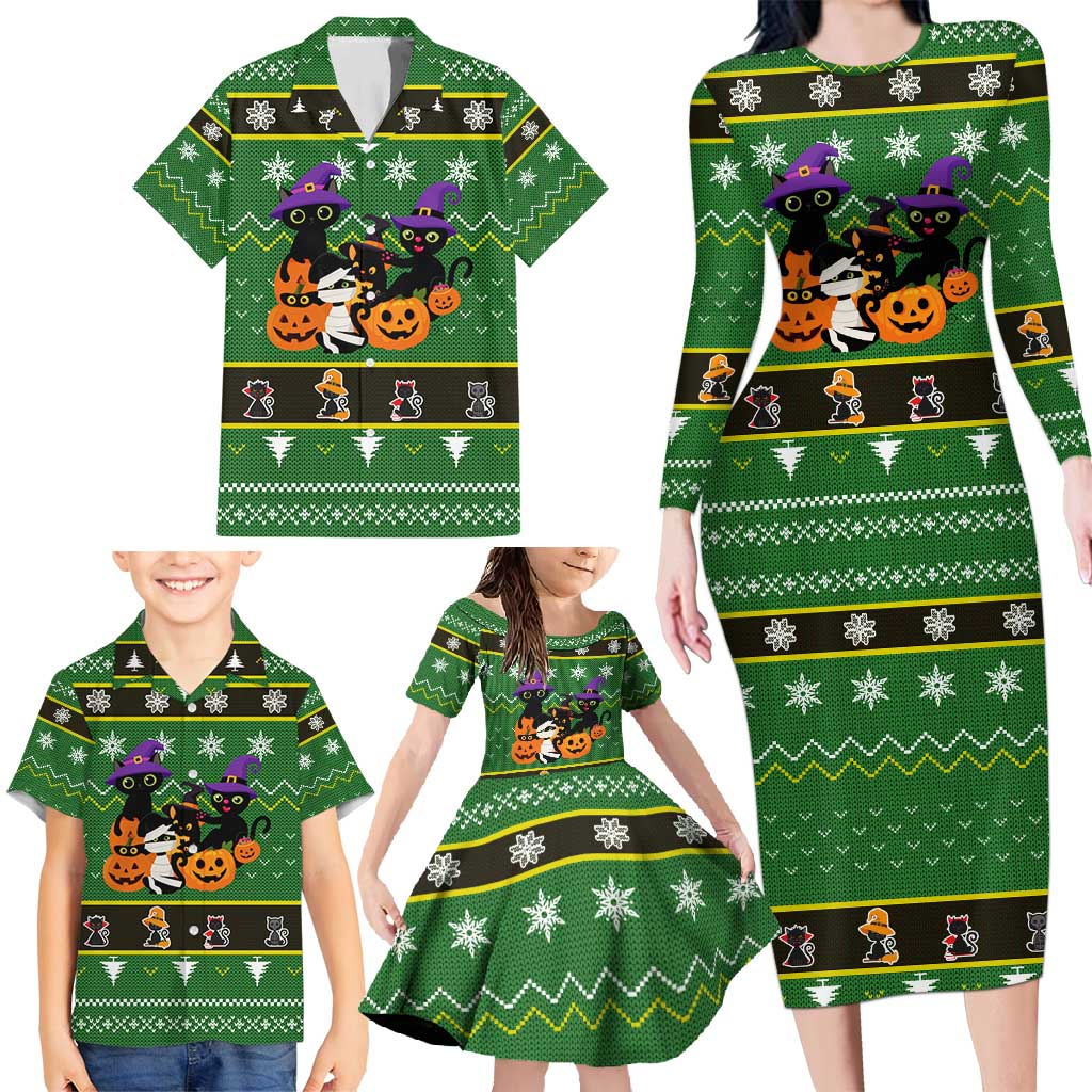 Cat Cute Witcher Noel Christmas Family Matching Long Sleeve Bodycon Dress and Hawaiian Shirt Xmas Holiday Patterns - Wonder Print Shop