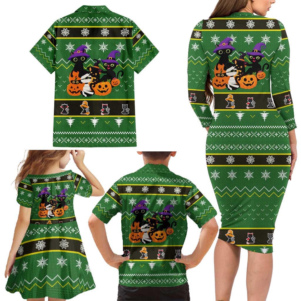 Cat Cute Witcher Noel Christmas Family Matching Long Sleeve Bodycon Dress and Hawaiian Shirt Xmas Holiday Patterns - Wonder Print Shop