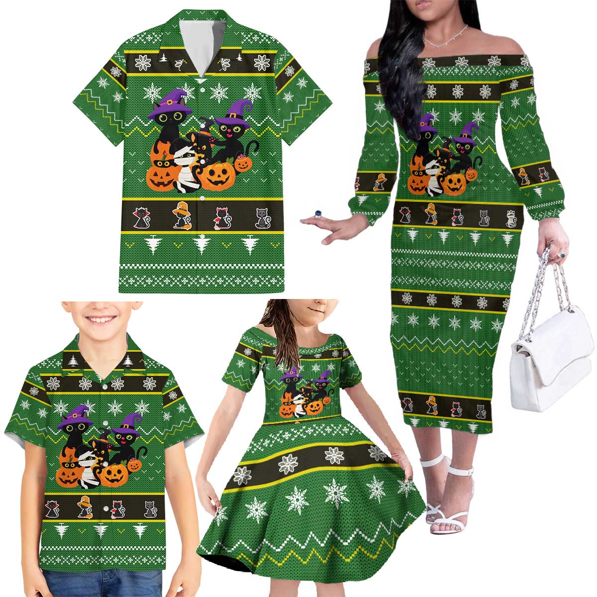 Cat Cute Witcher Noel Christmas Family Matching Off The Shoulder Long Sleeve Dress and Hawaiian Shirt Xmas Holiday Patterns - Wonder Print Shop