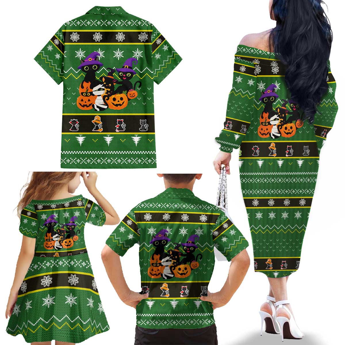 Cat Cute Witcher Noel Christmas Family Matching Off The Shoulder Long Sleeve Dress and Hawaiian Shirt Xmas Holiday Patterns - Wonder Print Shop