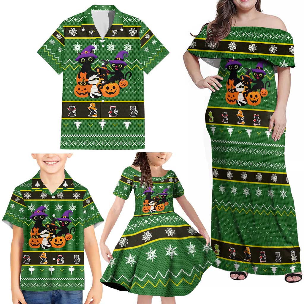 Cat Cute Witcher Noel Christmas Family Matching Off Shoulder Maxi Dress and Hawaiian Shirt Xmas Holiday Patterns - Wonder Print Shop