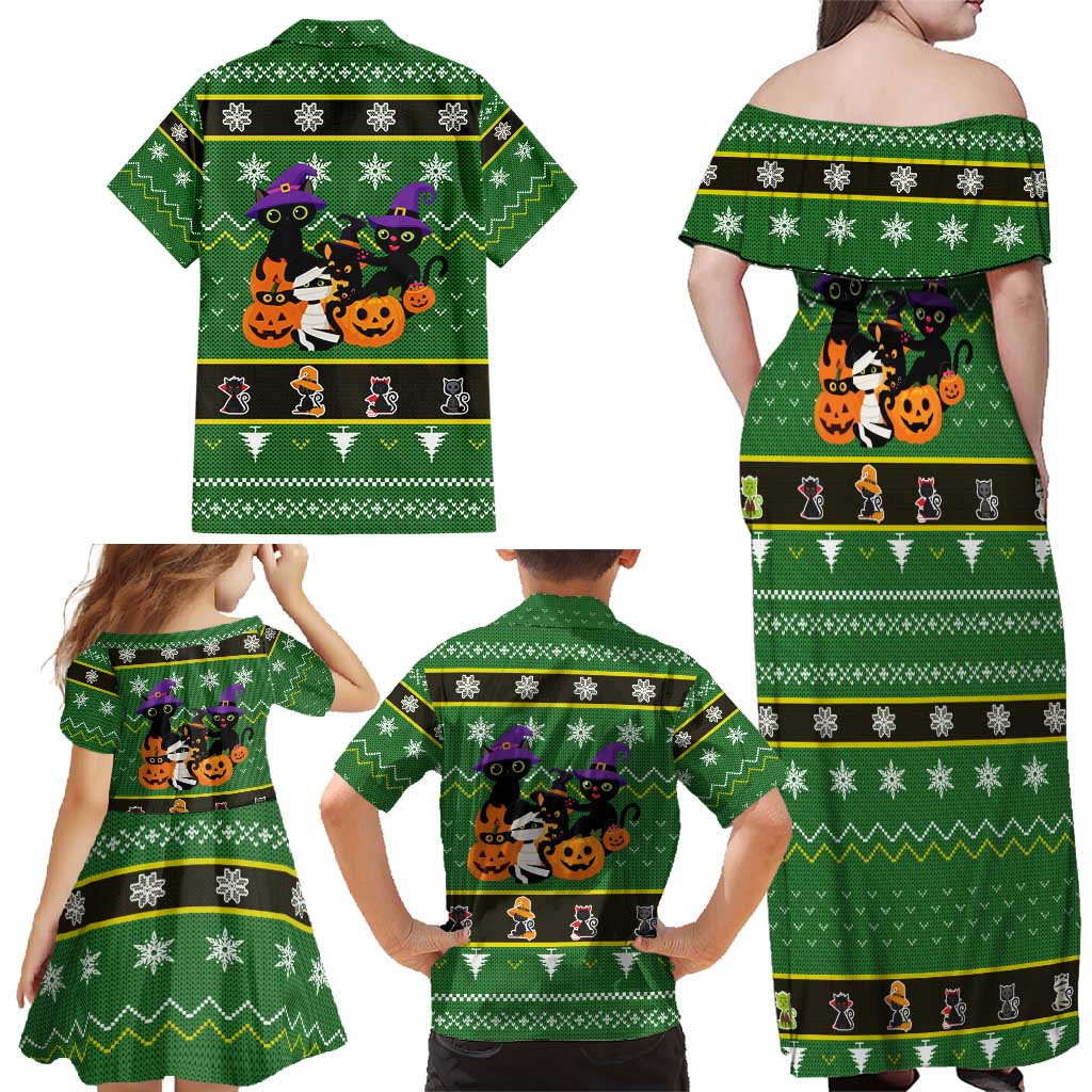 Cat Cute Witcher Noel Christmas Family Matching Off Shoulder Maxi Dress and Hawaiian Shirt Xmas Holiday Patterns - Wonder Print Shop