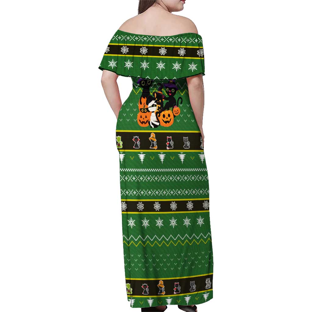 Cat Cute Witcher Noel Christmas Family Matching Off Shoulder Maxi Dress and Hawaiian Shirt Xmas Holiday Patterns - Wonder Print Shop