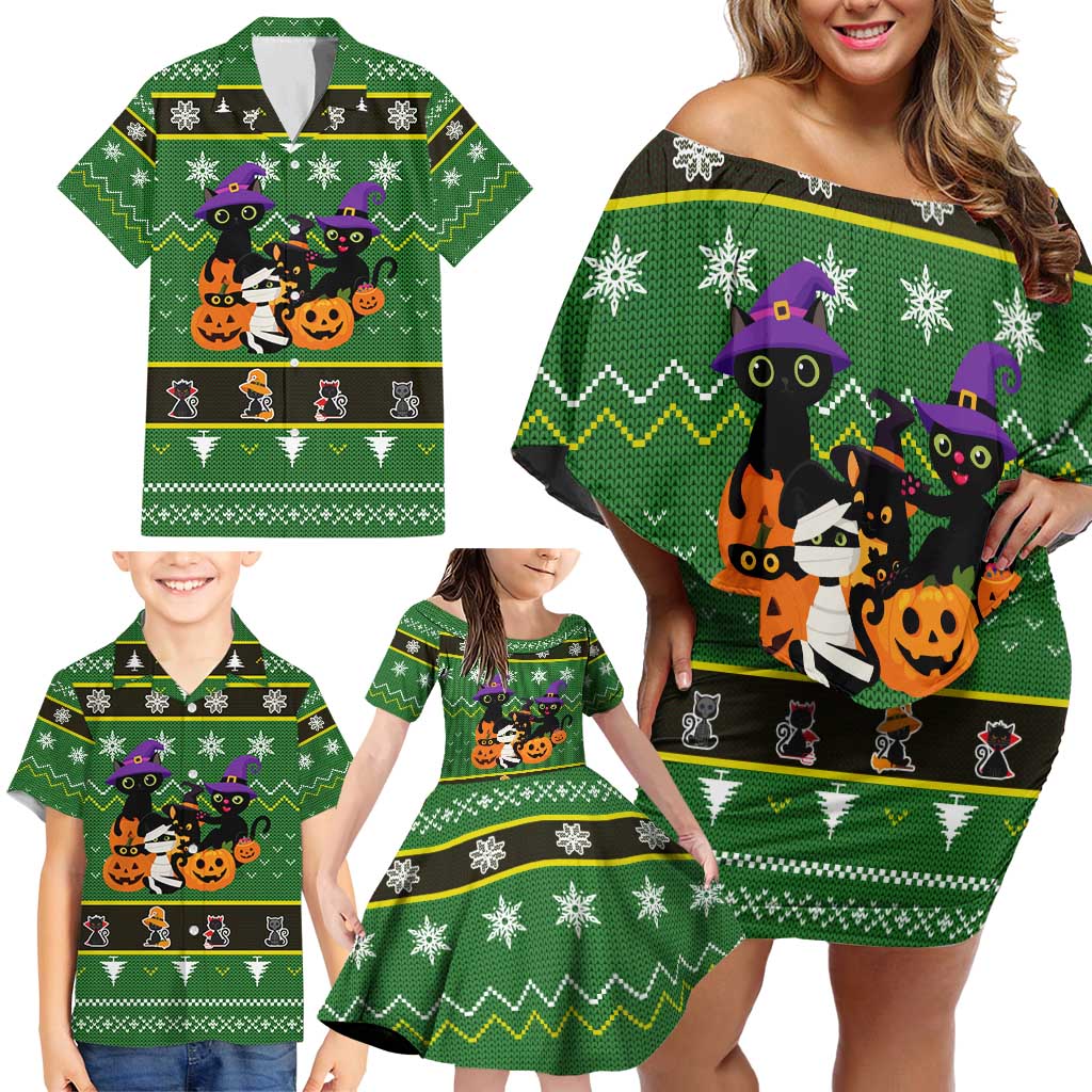 Cat Cute Witcher Noel Christmas Family Matching Off Shoulder Short Dress and Hawaiian Shirt Xmas Holiday Patterns - Wonder Print Shop