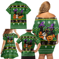 Cat Cute Witcher Noel Christmas Family Matching Off Shoulder Short Dress and Hawaiian Shirt Xmas Holiday Patterns - Wonder Print Shop