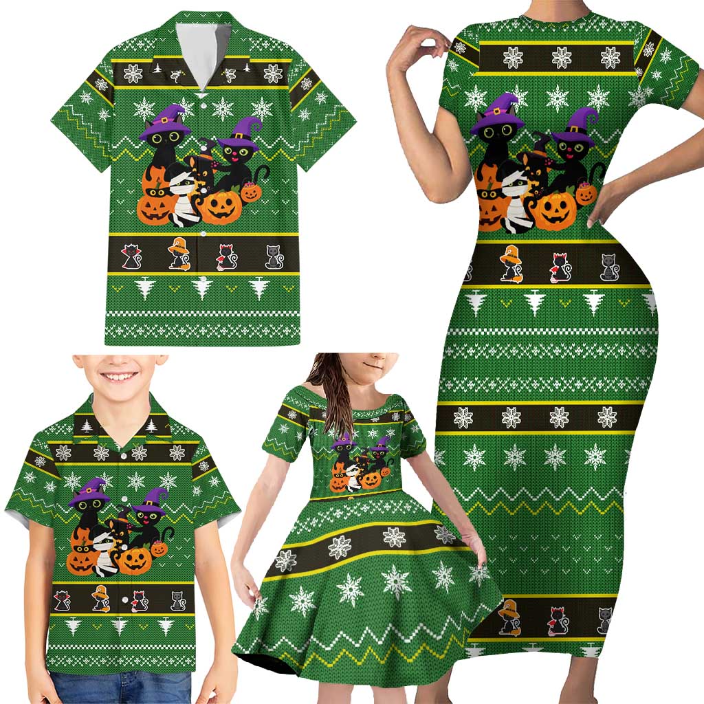 Cat Cute Witcher Noel Christmas Family Matching Short Sleeve Bodycon Dress and Hawaiian Shirt Xmas Holiday Patterns - Wonder Print Shop