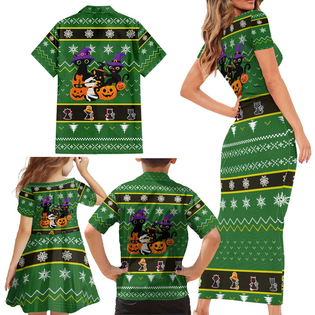 Cat Cute Witcher Noel Christmas Family Matching Short Sleeve Bodycon Dress and Hawaiian Shirt Xmas Holiday Patterns - Wonder Print Shop