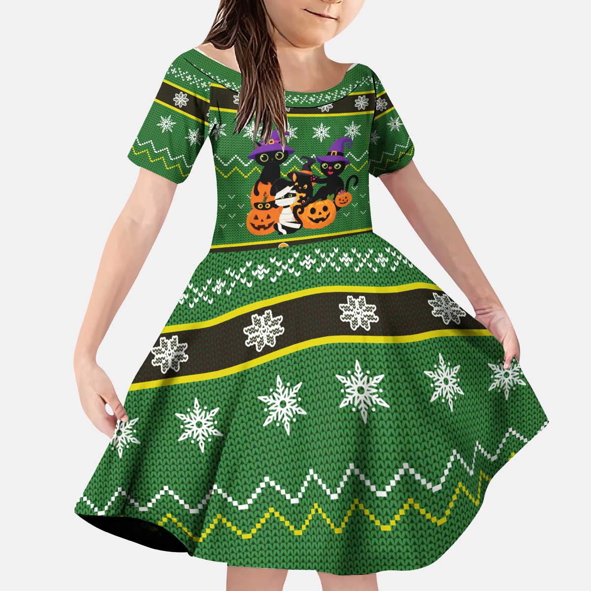 Cat Cute Witcher Noel Christmas Kid Short Sleeve Dress Xmas Holiday Patterns - Wonder Print Shop