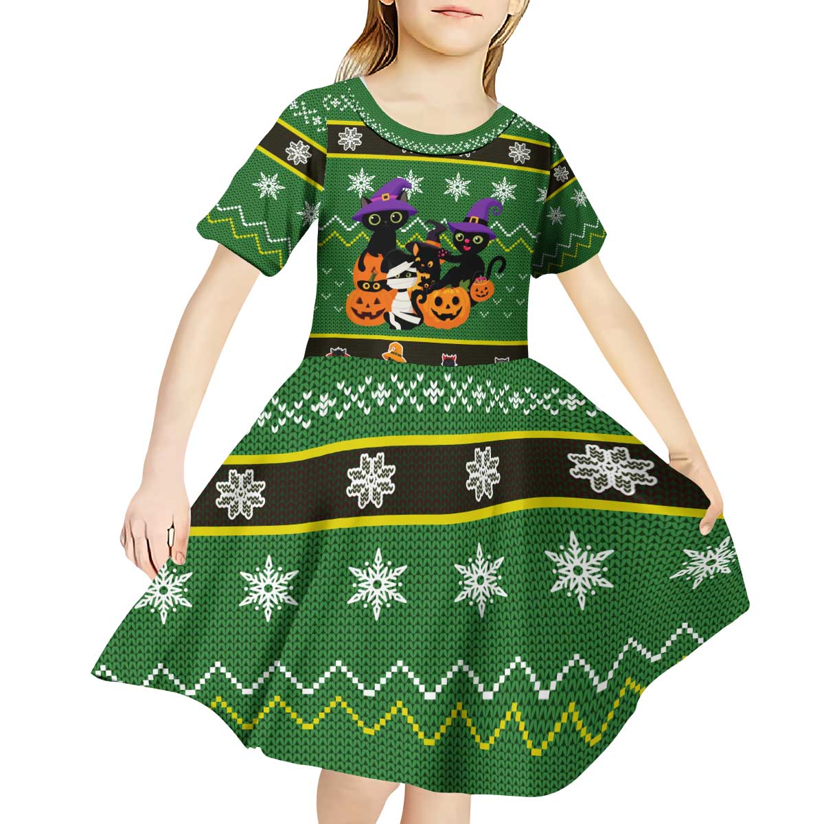 Cat Cute Witcher Noel Christmas Kid Short Sleeve Dress Xmas Holiday Patterns - Wonder Print Shop