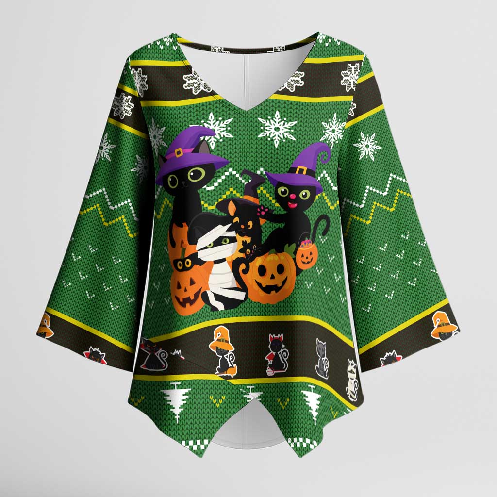 Cat Cute Witcher Noel Christmas Kimono Sleeve Blouse Xmas Holiday Patterns - Wonder Print Shop