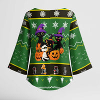 Cat Cute Witcher Noel Christmas Kimono Sleeve Blouse Xmas Holiday Patterns - Wonder Print Shop