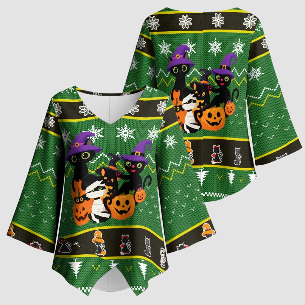 Cat Cute Witcher Noel Christmas Kimono Sleeve Blouse Xmas Holiday Patterns - Wonder Print Shop