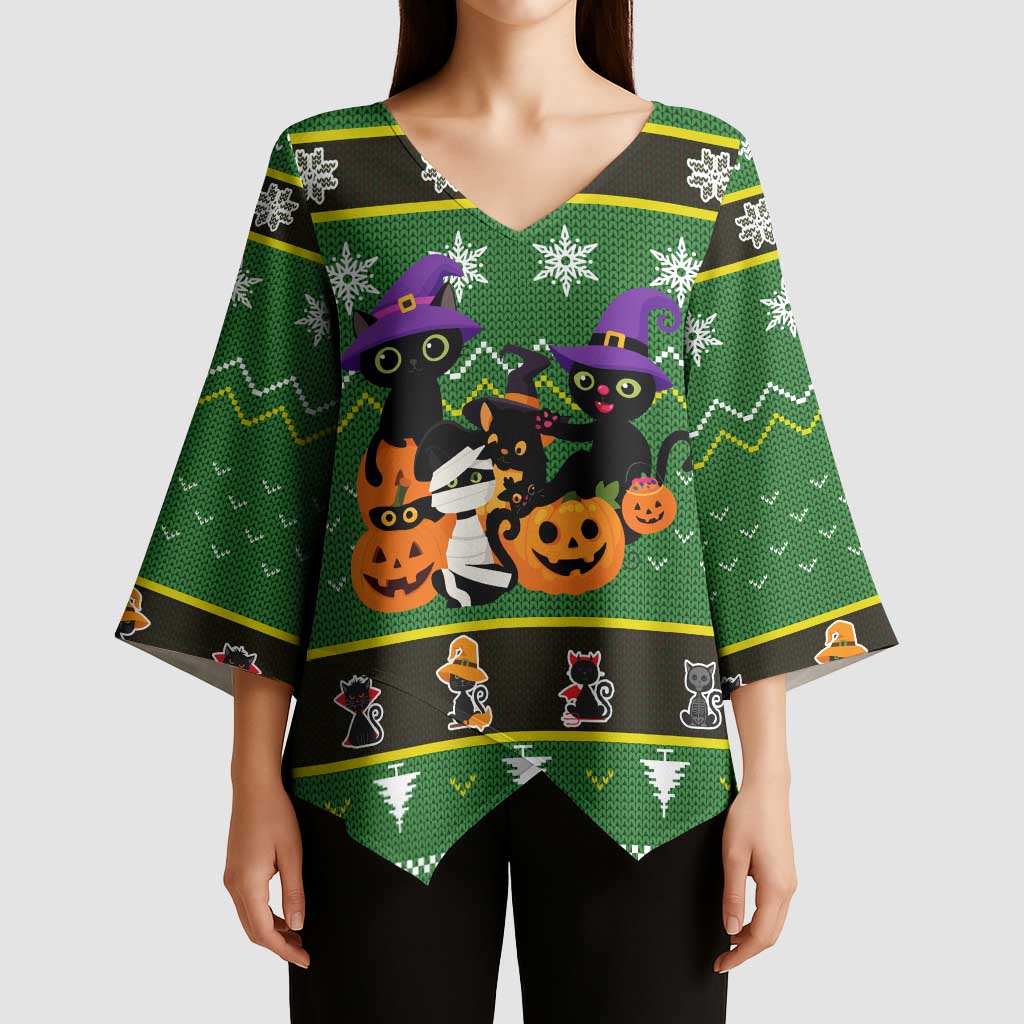 Cat Cute Witcher Noel Christmas Kimono Sleeve Blouse Xmas Holiday Patterns - Wonder Print Shop