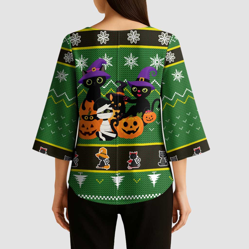 Cat Cute Witcher Noel Christmas Kimono Sleeve Blouse Xmas Holiday Patterns - Wonder Print Shop