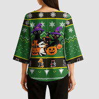 Cat Cute Witcher Noel Christmas Kimono Sleeve Blouse Xmas Holiday Patterns - Wonder Print Shop