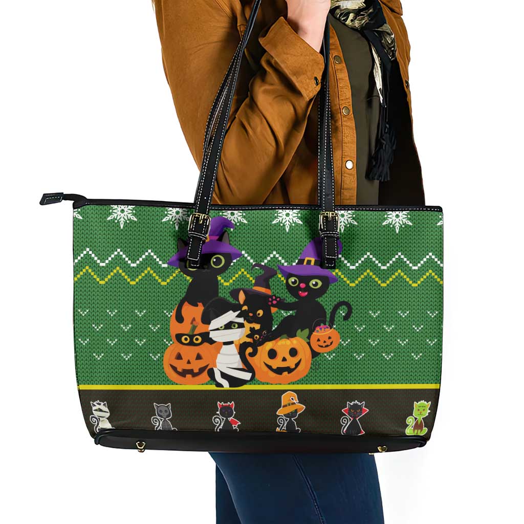 Cat Cute Witcher Noel Christmas Leather Tote Bag Xmas Holiday Patterns - Wonder Print Shop