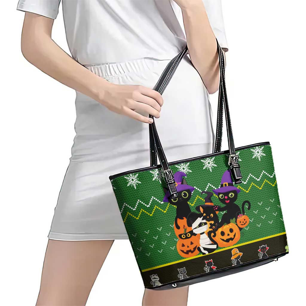 Cat Cute Witcher Noel Christmas Leather Tote Bag Xmas Holiday Patterns - Wonder Print Shop