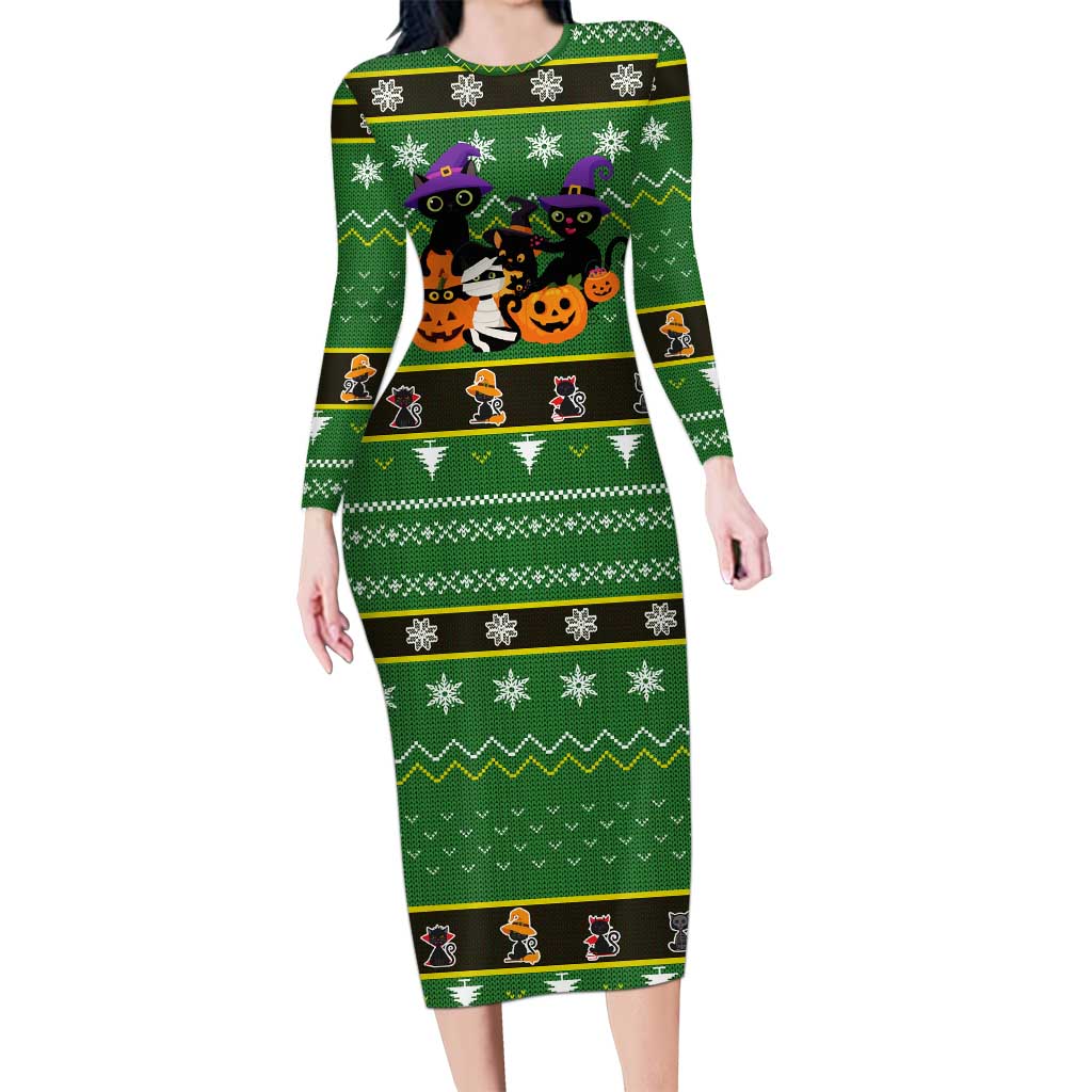 Cat Cute Witcher Noel Christmas Long Sleeve Bodycon Dress Xmas Holiday Patterns - Wonder Print Shop