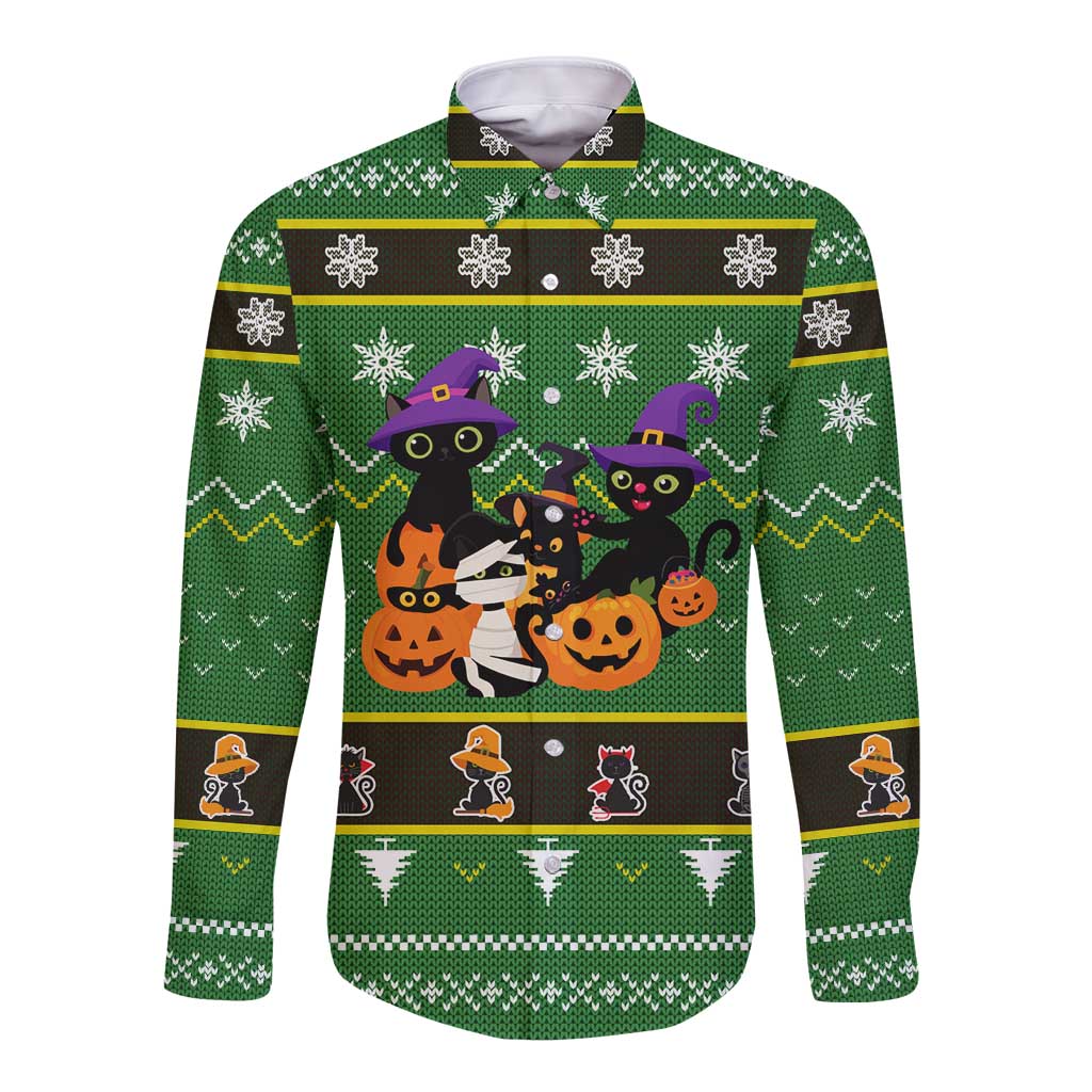 Cat Cute Witcher Noel Christmas Long Sleeve Button Shirt Xmas Holiday Patterns - Wonder Print Shop