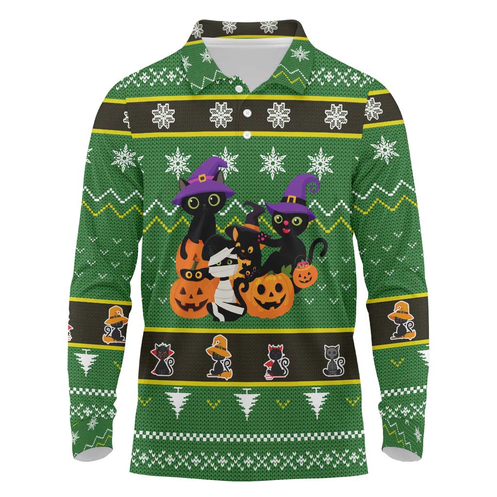 Cat Cute Witcher Noel Christmas Long Sleeve Polo Shirt Xmas Holiday Patterns - Wonder Print Shop