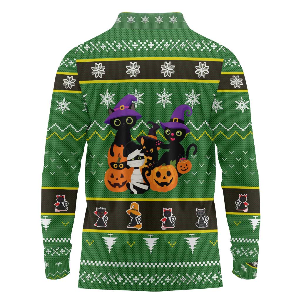 Cat Cute Witcher Noel Christmas Long Sleeve Polo Shirt Xmas Holiday Patterns - Wonder Print Shop