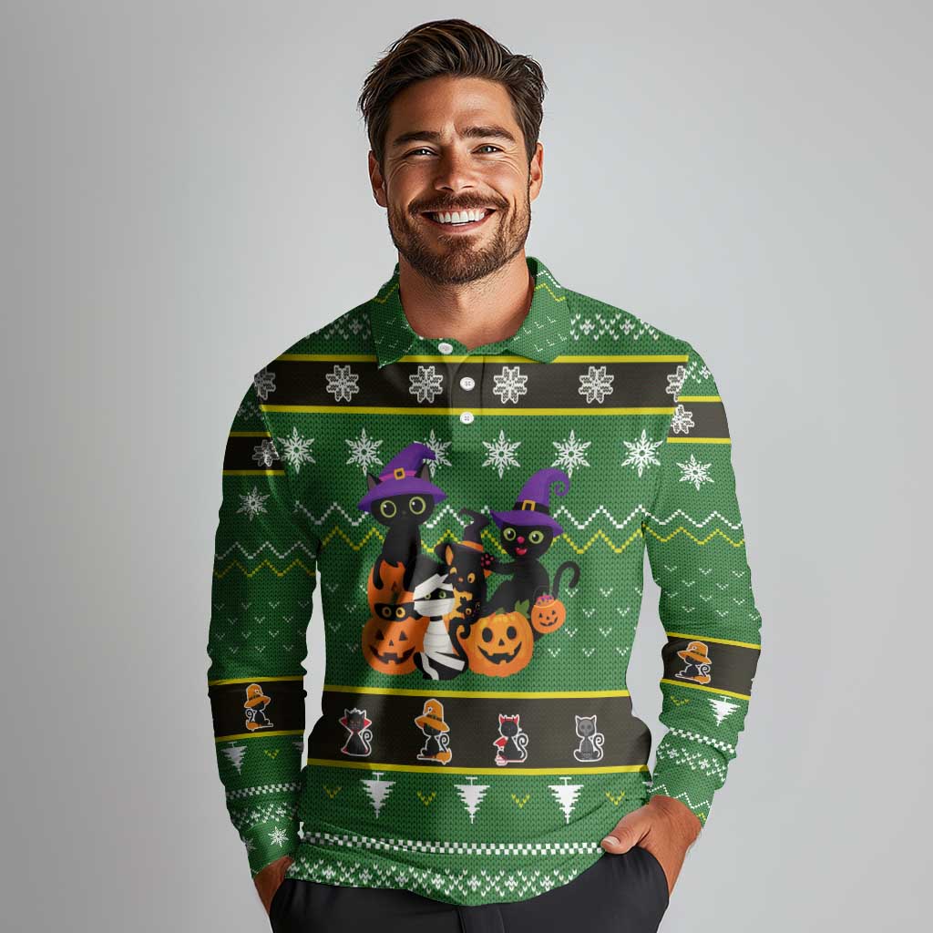 Cat Cute Witcher Noel Christmas Long Sleeve Polo Shirt Xmas Holiday Patterns - Wonder Print Shop