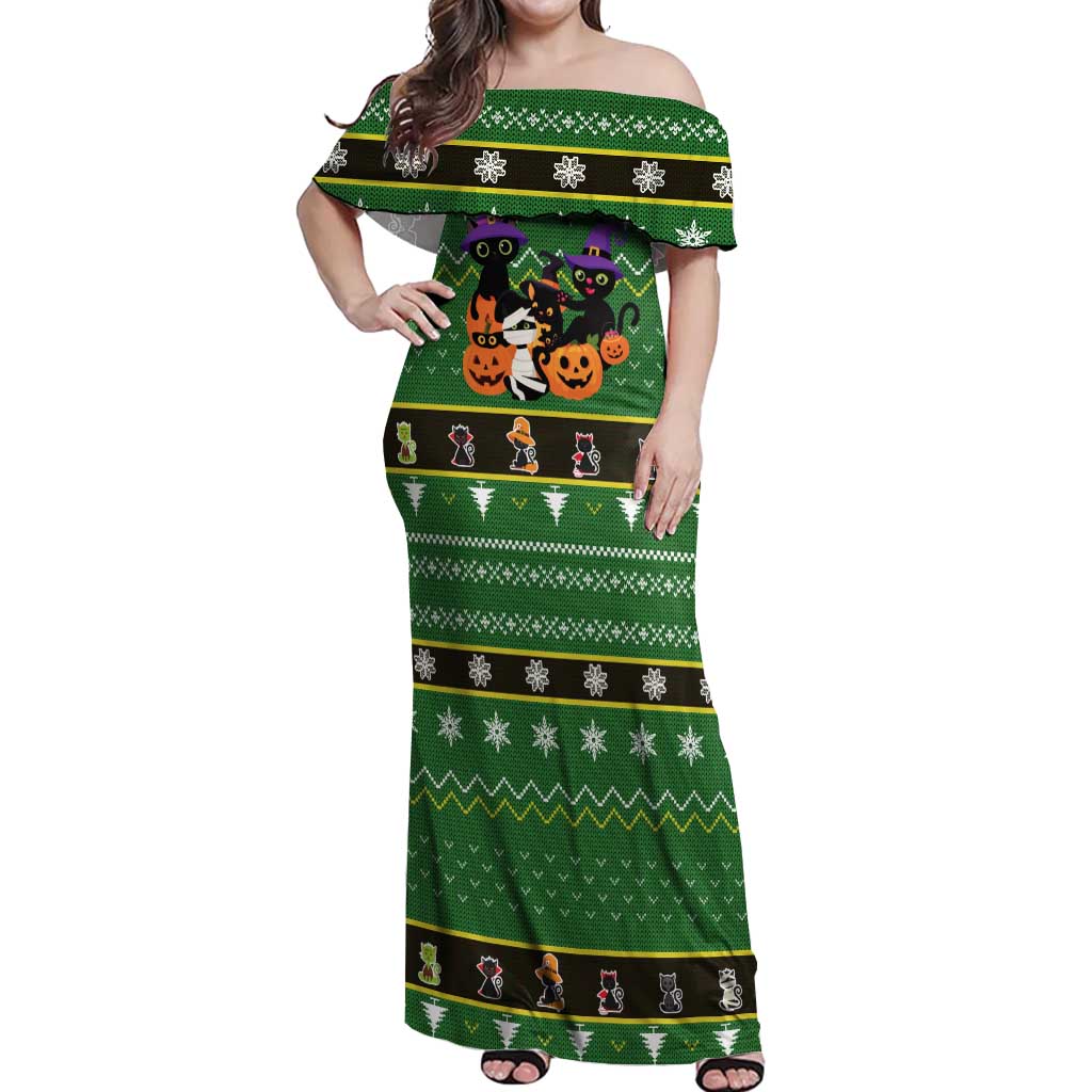 Cat Cute Witcher Noel Christmas Off Shoulder Maxi Dress Xmas Holiday Patterns - Wonder Print Shop