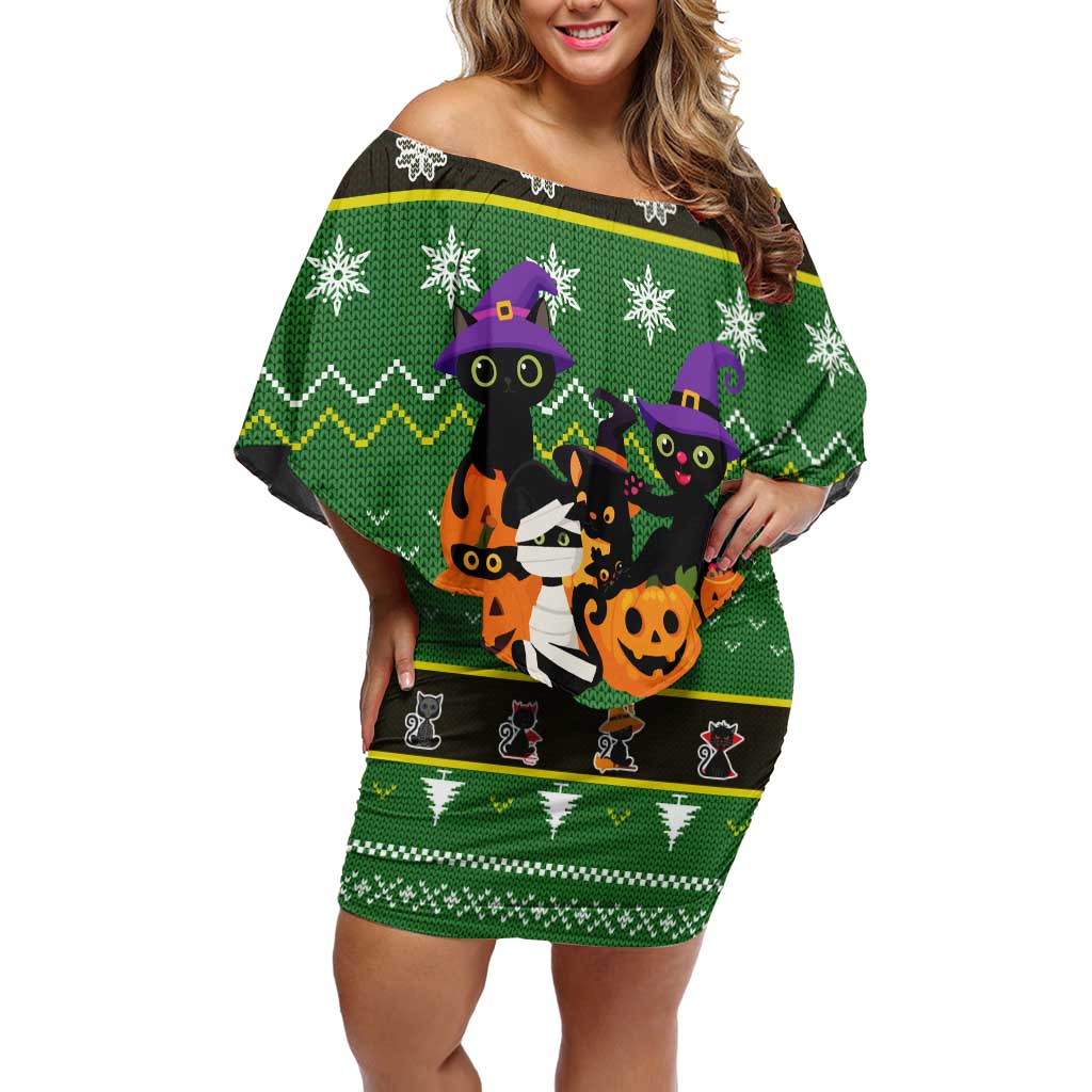 Cat Cute Witcher Noel Christmas Off Shoulder Short Dress Xmas Holiday Patterns - Wonder Print Shop
