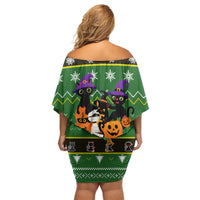 Cat Cute Witcher Noel Christmas Off Shoulder Short Dress Xmas Holiday Patterns - Wonder Print Shop