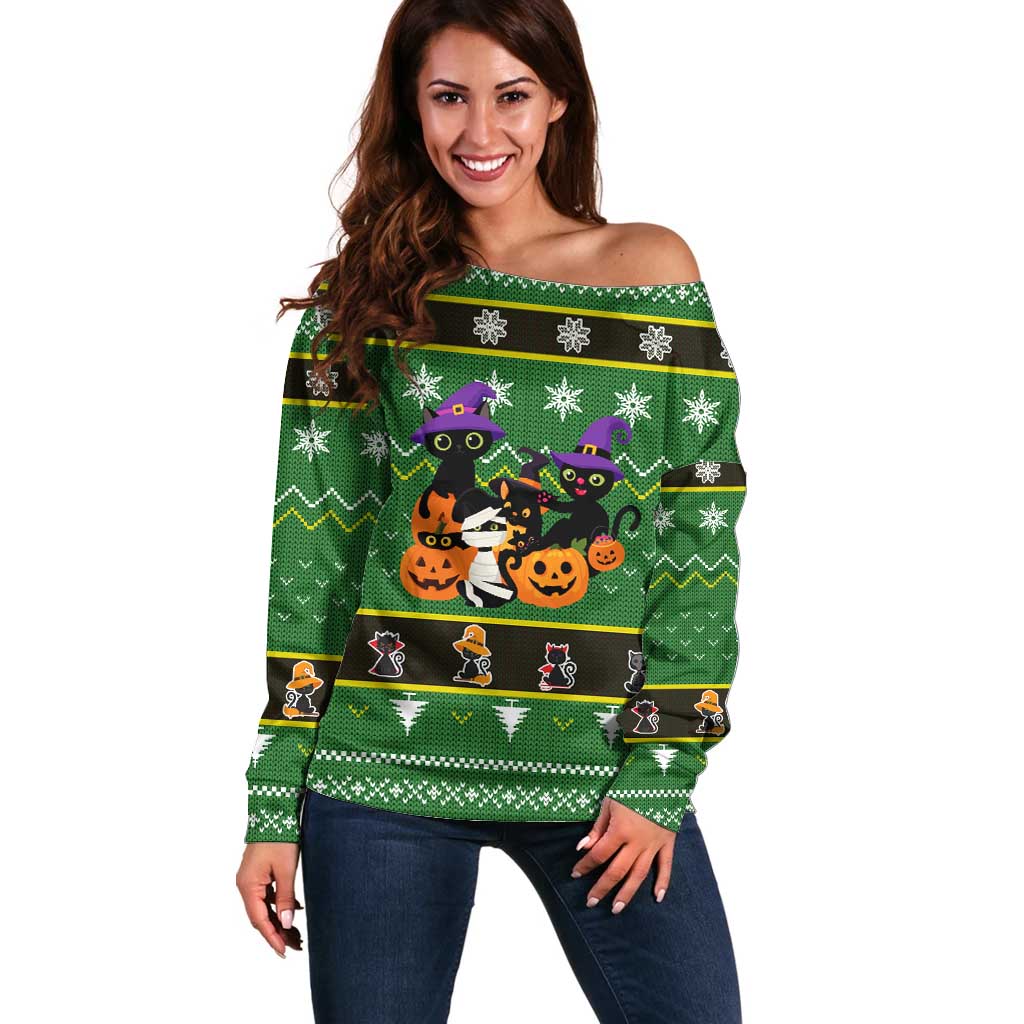 Cat Cute Witcher Noel Christmas Off Shoulder Sweater Xmas Holiday Patterns - Wonder Print Shop