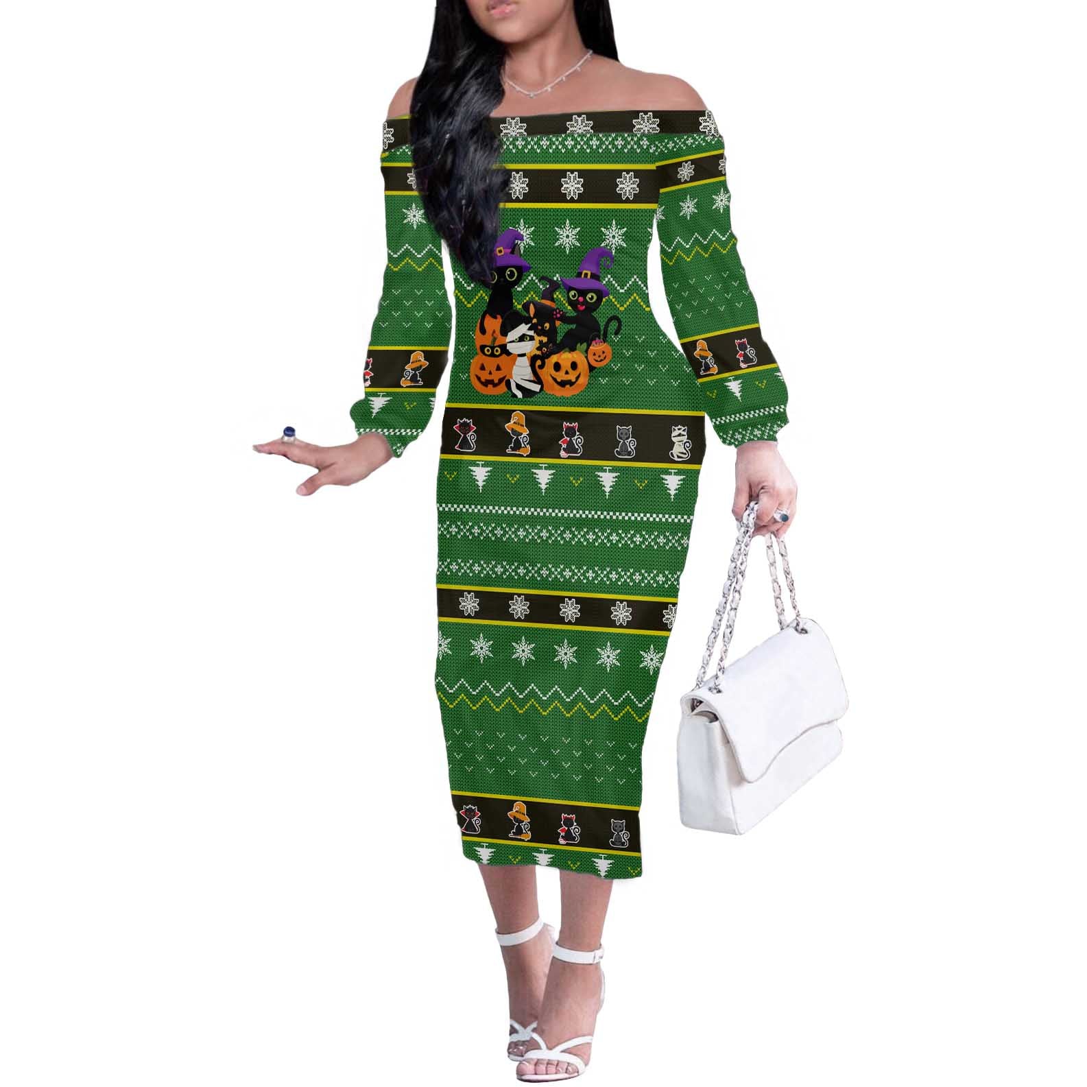 Cat Cute Witcher Noel Christmas Off The Shoulder Long Sleeve Dress Xmas Holiday Patterns - Wonder Print Shop