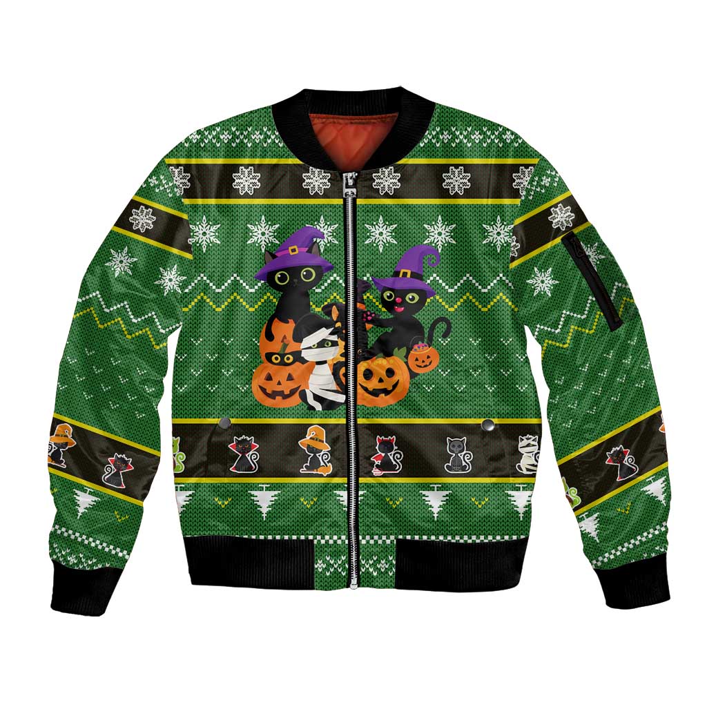 Cat Cute Witcher Noel Christmas Sleeve Zip Bomber Jacket Xmas Holiday Patterns - Wonder Print Shop