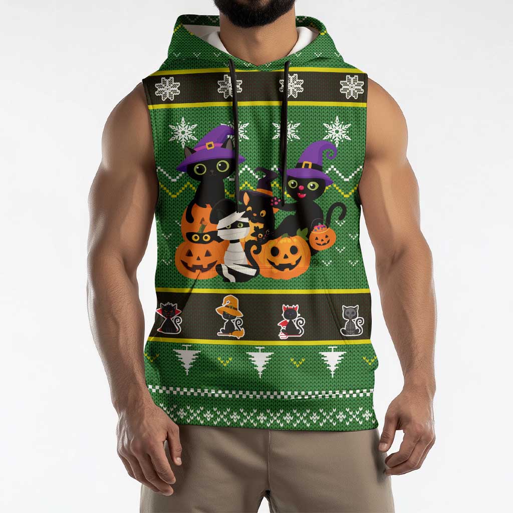 Cat Cute Witcher Noel Christmas Sleeveless Hoodie Xmas Holiday Patterns - Wonder Print Shop